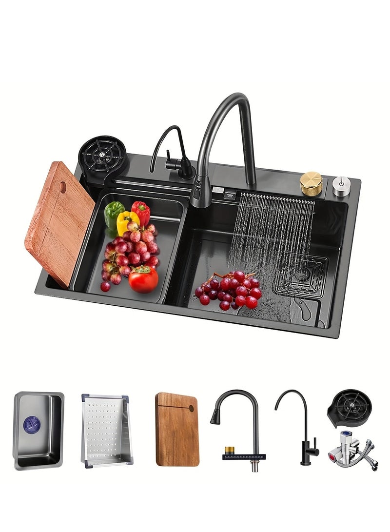 Multifunctional Stainless Steel Kitchen Sink With Faucet, Cutting Board, and Drain Accessories - Black - Image 3