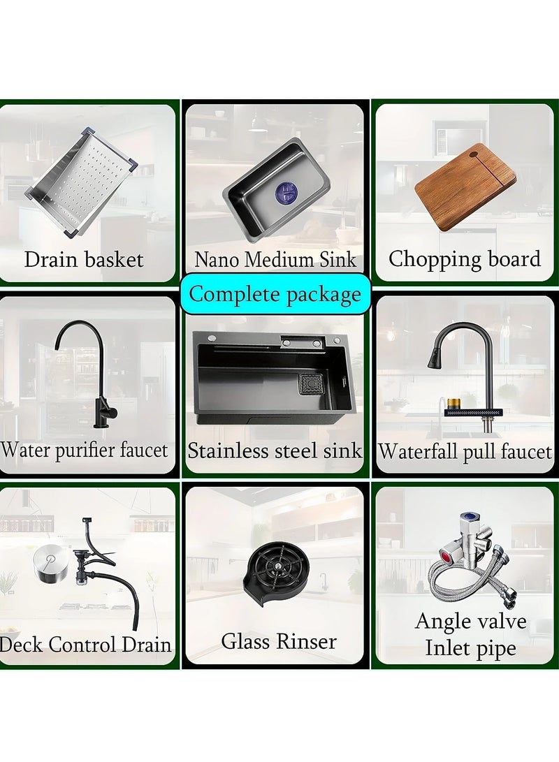 Multifunctional Stainless Steel Kitchen Sink With Faucet, Cutting Board, and Drain Accessories - Black - Image 2