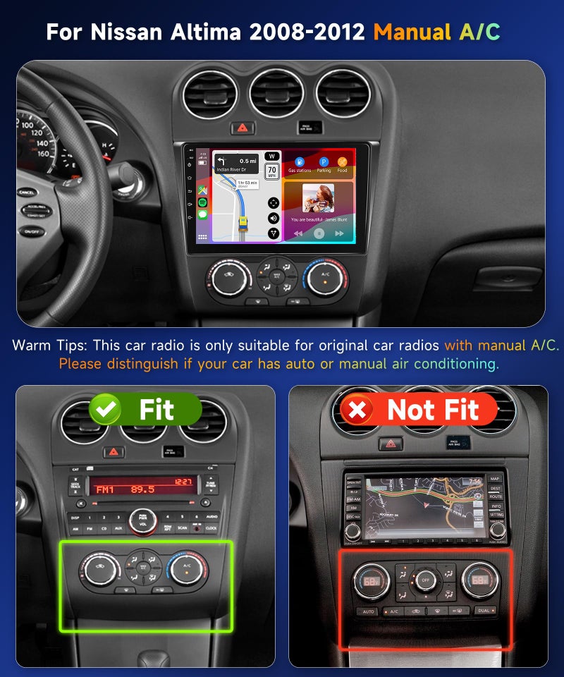 Podofo راديو سيارة لنيسان ألتيما 2008-2012 مع تشغيل لاسلكي للسيارة، أندرويد أوتو، ميرور لينك، شاشة تعمل باللمس 9 بوصة 1080P HD IPS، شريحة GPS، 26 واجهة مستخدم، DSP مدمج، بلوتوث، واي فاي، كاميرا خلفية، ميكروفون (تكييف يدوي) - Image 2