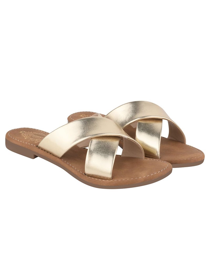 Shoetopia Women’s Golden Flat Sandals with Cross Strap Design | Stylish Casual Slip-On Flats for Daily Footwear & Ethnic Outfits EU40 - Image 1