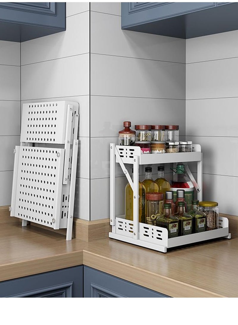 TYCOM Pull Out Spice Rack Organizer For Countertop and Cabinet, Standing Shelf Jars Storage Holder, Foldable Seasoning Shelf Organizer for Kitchen Storage,2 Layer White. - Image 2