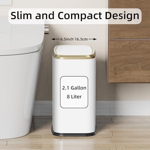 KHMMGK 8L21 Gallon Small Bathroom Trash Can with Lid SwingTop Rectangular Waste Bin Stainless Steel Garbage Can for Home Office Toilet Bedroom LivingRoom White - Image 3