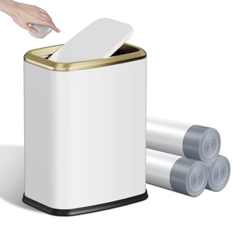 KHMMGK 8L21 Gallon Small Bathroom Trash Can with Lid SwingTop Rectangular Waste Bin Stainless Steel Garbage Can for Home Office Toilet Bedroom LivingRoom White - Image 1