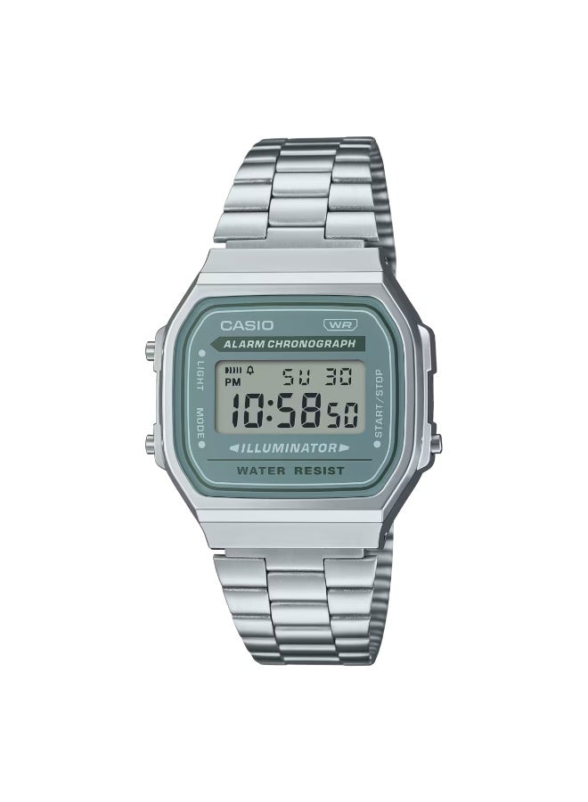 Casio Vintage A168WA-3AYDF Digital Unisex Silver Stainless Steel Watch with Green Dial