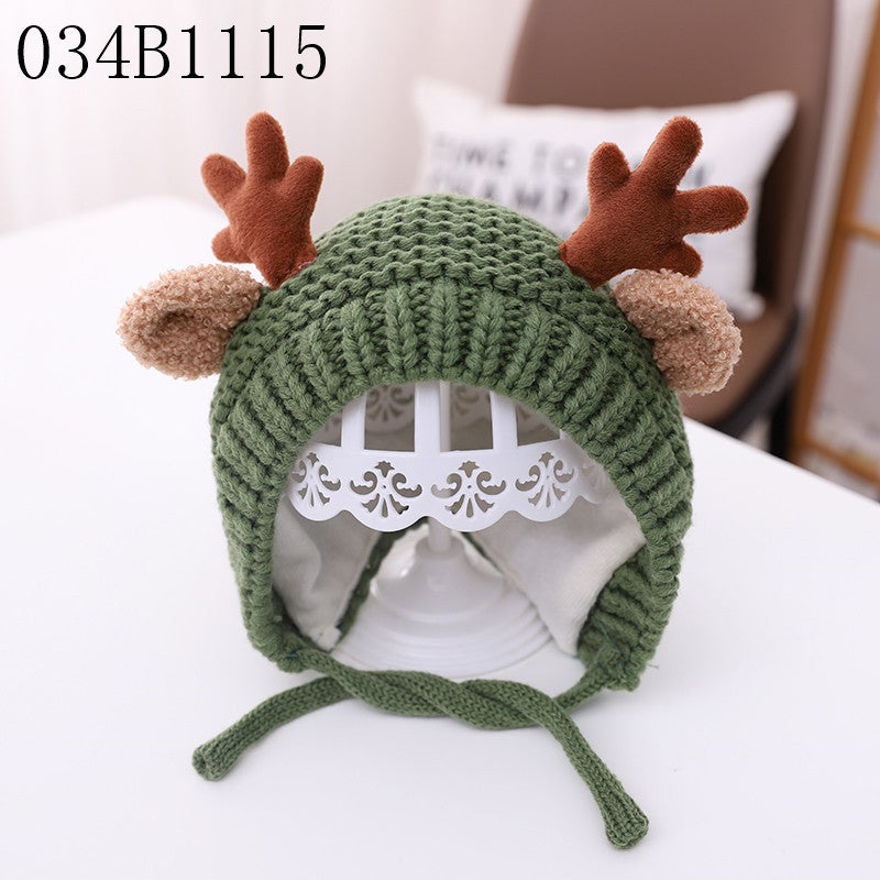 Cute Knit Baby Hat Thick Winter Warm Toddler Cap Antler Green 