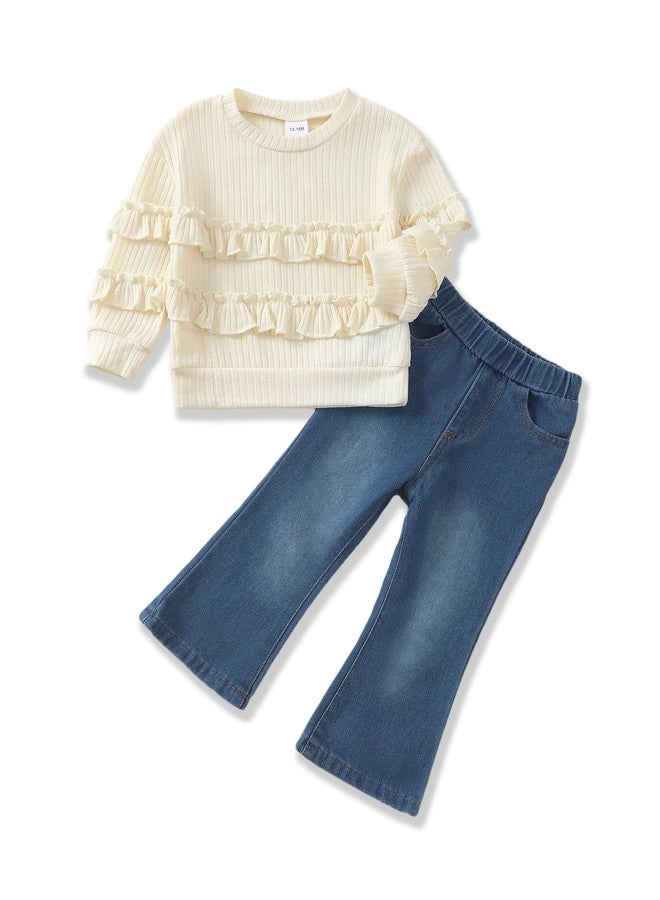 SODLON 2T Girl Clothes Toddler Girls Clothes 3T Winter Fall Outfits Ruffle Beige Sweatsuit Pullover Sweatshirt Bell Bottoms Jeans Spring Sweater Denim Pants Clothing Set - Image 1