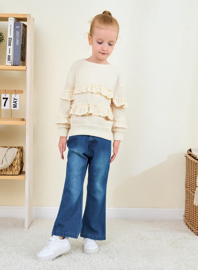SODLON 2T Girl Clothes Toddler Girls Clothes 3T Winter Fall Outfits Ruffle Beige Sweatsuit Pullover Sweatshirt Bell Bottoms Jeans Spring Sweater Denim Pants Clothing Set - Image 4