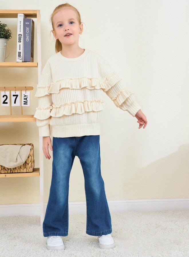 SODLON 2T Girl Clothes Toddler Girls Clothes 3T Winter Fall Outfits Ruffle Beige Sweatsuit Pullover Sweatshirt Bell Bottoms Jeans Spring Sweater Denim Pants Clothing Set - Image 3