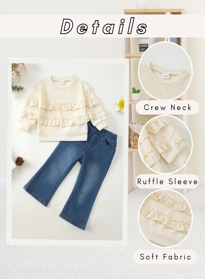SODLON 2T Girl Clothes Toddler Girls Clothes 3T Winter Fall Outfits Ruffle Beige Sweatsuit Pullover Sweatshirt Bell Bottoms Jeans Spring Sweater Denim Pants Clothing Set - Image 5