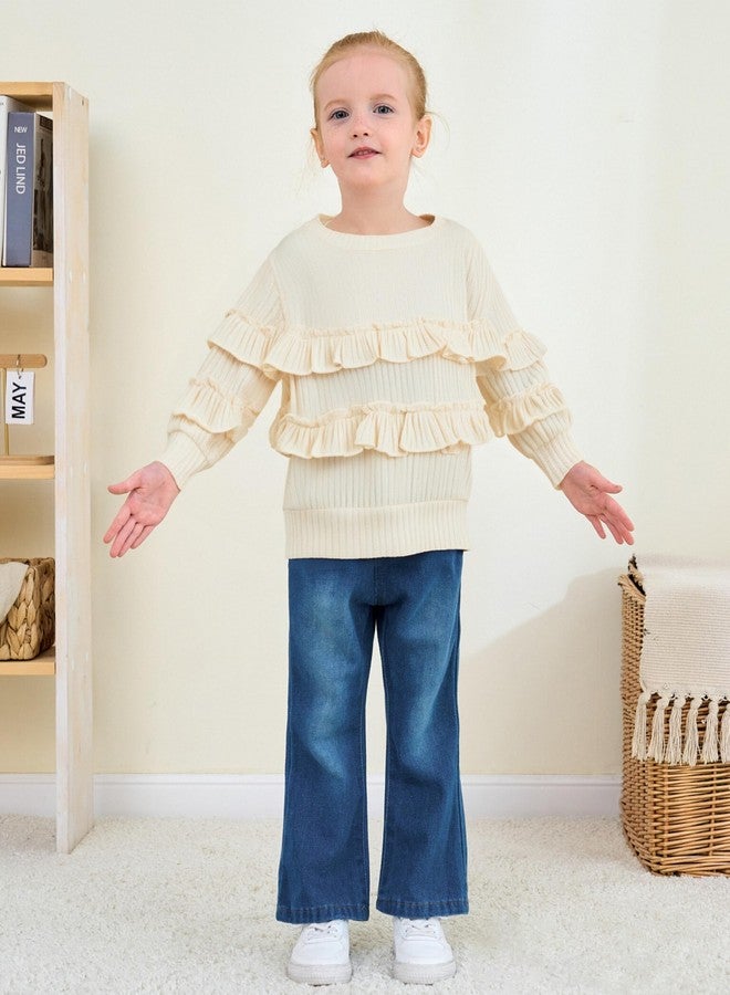 SODLON 2T Girl Clothes Toddler Girls Clothes 3T Winter Fall Outfits Ruffle Beige Sweatsuit Pullover Sweatshirt Bell Bottoms Jeans Spring Sweater Denim Pants Clothing Set - Image 2