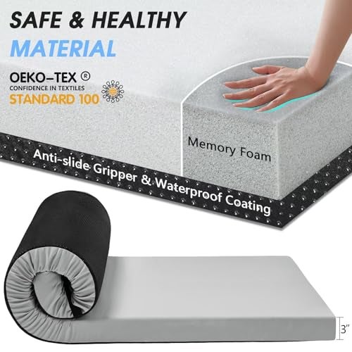 CYMULA Memory Foam Camping Mattress Pad,3 in Sleeping Pad for Camping,Non-Slip Bottom Floor Cot Mattress Bed with Portable Roll up Mattress Pad Mat for Travel Truck Guest Bed Tent (Kids 63 * 25) - Image 5