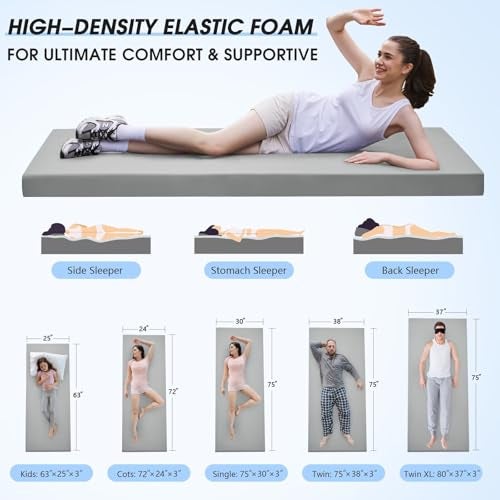 CYMULA Memory Foam Camping Mattress Pad,3 in Sleeping Pad for Camping,Non-Slip Bottom Floor Cot Mattress Bed with Portable Roll up Mattress Pad Mat for Travel Truck Guest Bed Tent (Kids 63 * 25) - Image 2