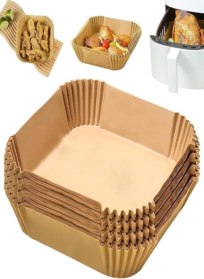 SKY-TOUCH 100pcs Air Fryer Disposable Paper Liners, Non Stick Parchment Paper for Air Fryer, Square Food Grade Baking Paper, 16cm/6.3inch, Brown