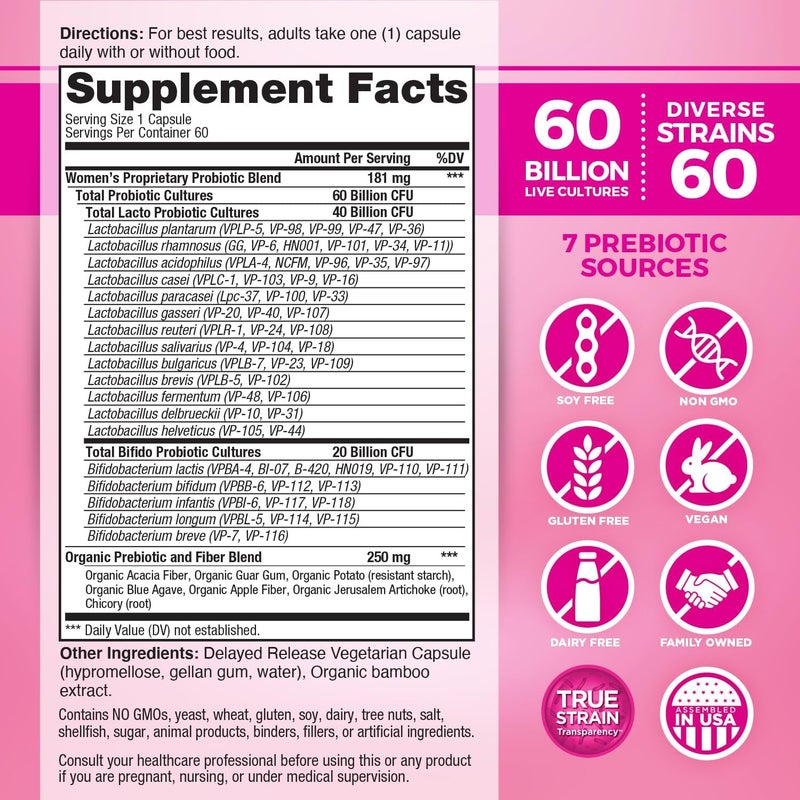 Vital Planet  Vital Flora Womens Daily Probiotic 60 Billion CFU 60 Diverse Strains 7 Organic Prebiotics Vaginal and Immune Support Bloating Digestive Health Probiotics for Women 60 Capsules - Image 2