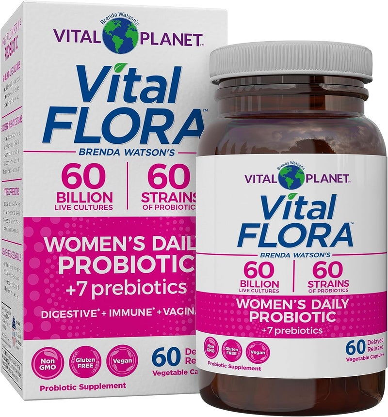 Vital Planet  Vital Flora Womens Daily Probiotic 60 Billion CFU 60 Diverse Strains 7 Organic Prebiotics Vaginal and Immune Support Bloating Digestive Health Probiotics for Women 60 Capsules - Image 1