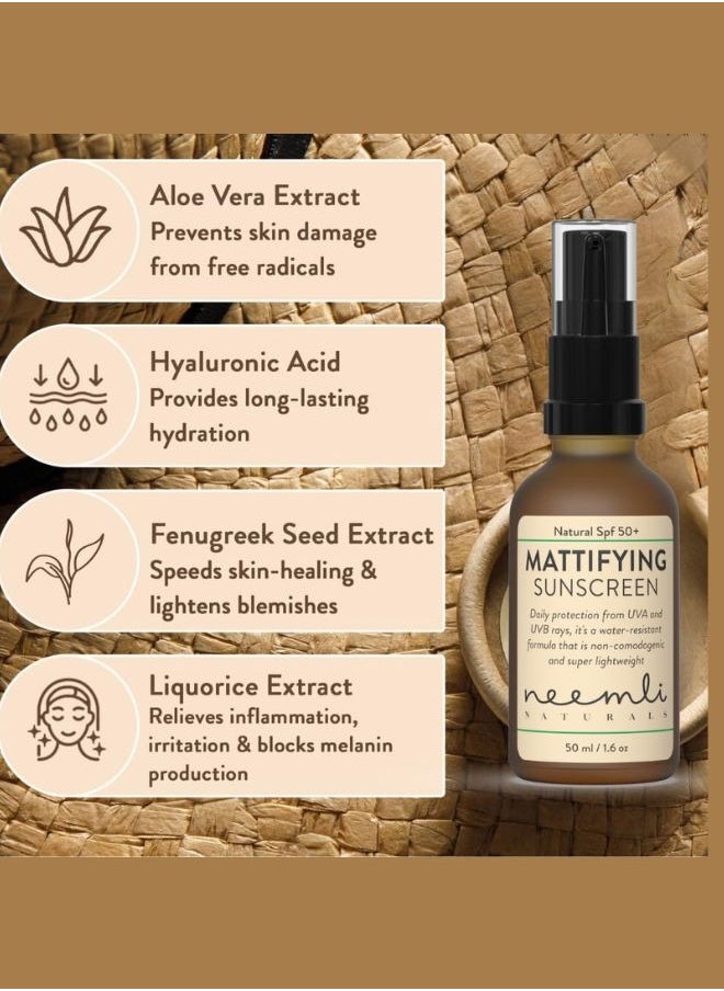 Natural Mattifying Sunscreen Spray SPF 50+ | Broad Spectrum with Protection from UVA and UVB | Water resistant, Non-comedogenic and Light Weight | Aloe Vera, Hyaluronic Acid, Fenugreek Seed Extract and Liquorice Extract- 50 ml - pzsku/ZADFB25967CA502E7A1C0Z/45/_/1712576219/73e7e1b6-e26e-443a-84a8-1f01233a24bc