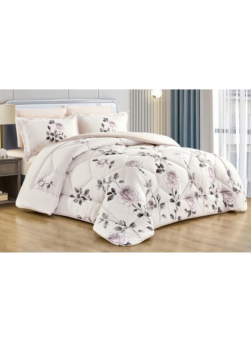 Floral Rose Print Quilted Comforter Set with Pillowcases, HC-SM-01