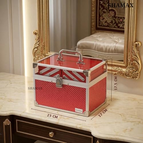 SHAMAX® Makeup Organizer Box for Women | Shringar Dani Box with Mirror & Trays | Bridal Makeup Case Lockable Vanity Case for Cosmetics, Jewellery & Beauty Storage Organizer (26A-Red) - Image 2