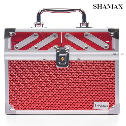 SHAMAX® Makeup Organizer Box for Women | Shringar Dani Box with Mirror & Trays | Bridal Makeup Case Lockable Vanity Case for Cosmetics, Jewellery & Beauty Storage Organizer (26A-Red) - Image 3
