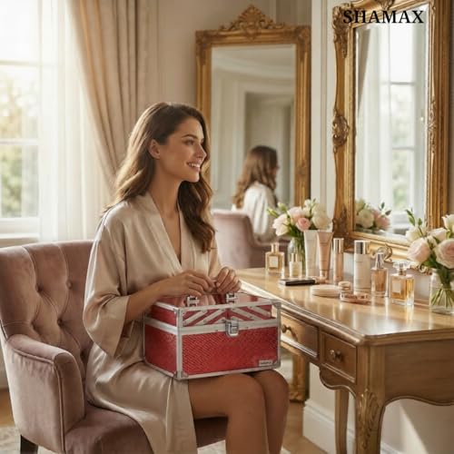 SHAMAX® Makeup Organizer Box for Women | Shringar Dani Box with Mirror & Trays | Bridal Makeup Case Lockable Vanity Case for Cosmetics, Jewellery & Beauty Storage Organizer (26A-Red) - Image 5