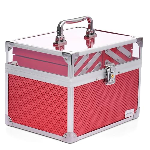 SHAMAX® Makeup Organizer Box for Women | Shringar Dani Box with Mirror & Trays | Bridal Makeup Case Lockable Vanity Case for Cosmetics, Jewellery & Beauty Storage Organizer (26A-Red) - Image 1