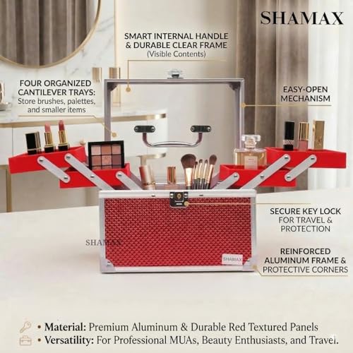 SHAMAX® Makeup Organizer Box for Women | Shringar Dani Box with Mirror & Trays | Bridal Makeup Case Lockable Vanity Case for Cosmetics, Jewellery & Beauty Storage Organizer (26A-Red) - Image 4