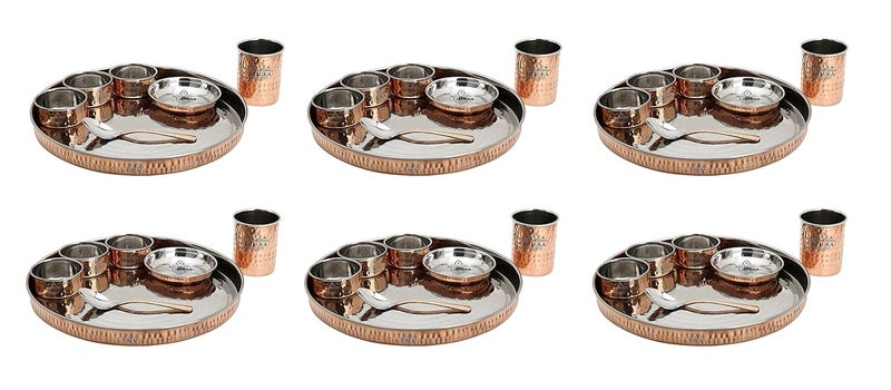 Taluka Handmade Printed Hammered Steel Copper 7 Piece Dinner Set 1 Dinner Plate 3 Bowls 1 Rice Plate 1 Glass 1 Spoon Tableware Pack Of 6Pc Dinner Set - Image 1