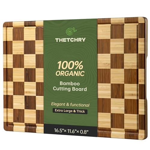 THETCHRY Bamboo Cutting Boards for Kitchen, Checkered Wooden Cutting Board with Juice Groove, Non Slip, Non Toxic Serving Tray, Thick Large Chopping Board Gift for Home Chef, 16.5” x 11.6” x 0.8” - Image 1