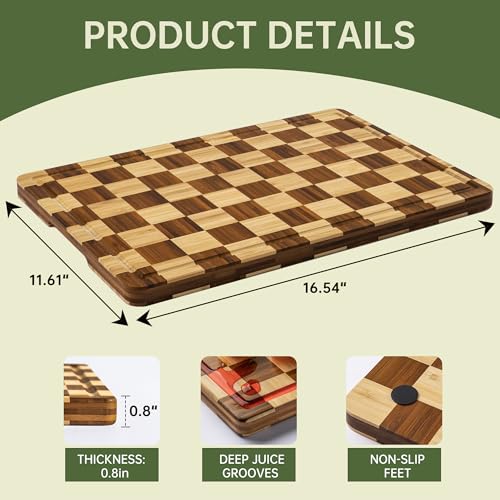 THETCHRY Bamboo Cutting Boards for Kitchen, Checkered Wooden Cutting Board with Juice Groove, Non Slip, Non Toxic Serving Tray, Thick Large Chopping Board Gift for Home Chef, 16.5” x 11.6” x 0.8” - Image 4