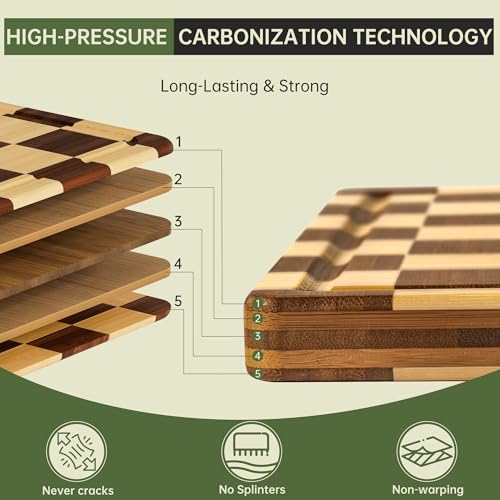 THETCHRY Bamboo Cutting Boards for Kitchen, Checkered Wooden Cutting Board with Juice Groove, Non Slip, Non Toxic Serving Tray, Thick Large Chopping Board Gift for Home Chef, 16.5” x 11.6” x 0.8” - Image 3