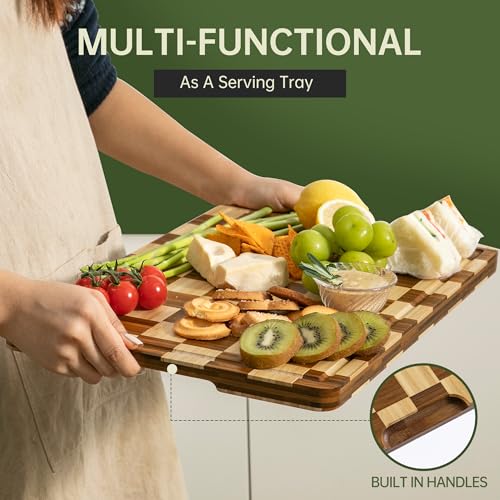 THETCHRY Bamboo Cutting Boards for Kitchen, Checkered Wooden Cutting Board with Juice Groove, Non Slip, Non Toxic Serving Tray, Thick Large Chopping Board Gift for Home Chef, 16.5” x 11.6” x 0.8” - Image 5