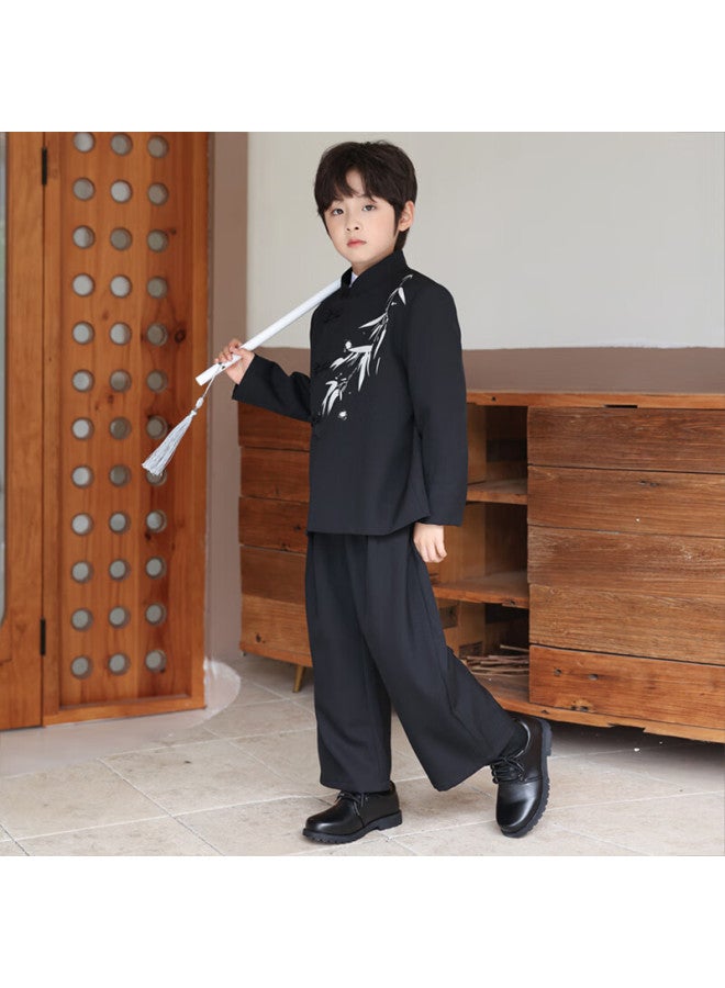 Luobobeibei Boys' New Chinese-style Formal Wear Winter Fleece-lined Jacket Children's National Style Suit Tang Suit Black Three-piece Set Size 150 - Image 2