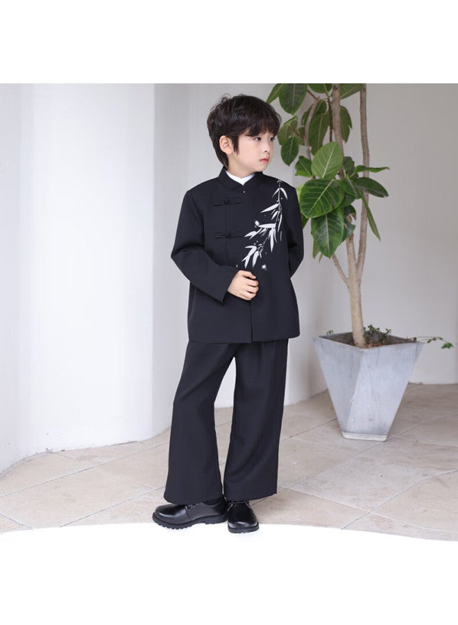 Luobobeibei Boys' New Chinese-style Formal Wear Winter Fleece-lined Jacket Children's National Style Suit Tang Suit Black Three-piece Set Size 150 - Image 4