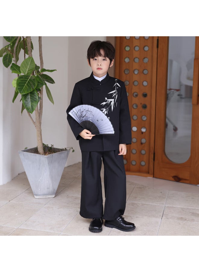 Luobobeibei Boys' New Chinese-style Formal Wear Winter Fleece-lined Jacket Children's National Style Suit Tang Suit Black Three-piece Set Size 150 - Image 5
