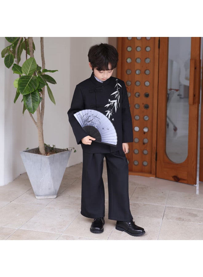 Luobobeibei Boys' New Chinese-style Formal Wear Winter Fleece-lined Jacket Children's National Style Suit Tang Suit Black Three-piece Set Size 150 - Image 3