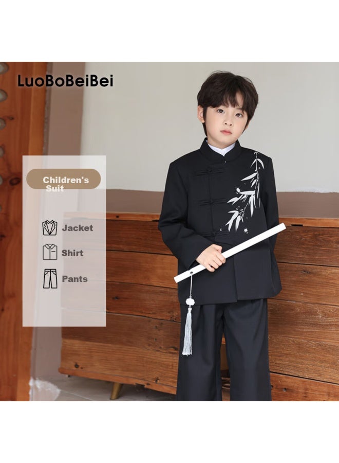 Luobobeibei Boys' New Chinese-style Formal Wear Winter Fleece-lined Jacket Children's National Style Suit Tang Suit Black Three-piece Set Size 150 - Image 1