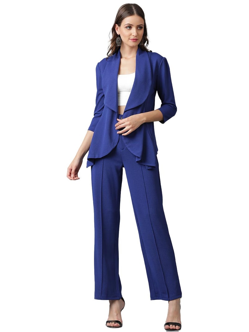 KOTTY Women's Solid Relaxed Fit 3/4 Sleeve Co-ord Blazer and Trouser Set. Royal Blue - Image 1