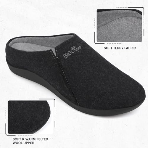 ERGOfoot House Slippers With Arch Support, Orthopedic Slipper for Plantar Fasciitis Pain Relief, Comfy Wool Felt Clog Shoes for Women and Men with Non-Slip Indoor Outdoor/Black, W9/M8 - Image 4