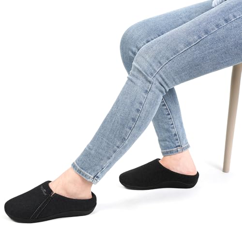 ERGOfoot House Slippers With Arch Support, Orthopedic Slipper for Plantar Fasciitis Pain Relief, Comfy Wool Felt Clog Shoes for Women and Men with Non-Slip Indoor Outdoor/Black, W9/M8 - Image 2
