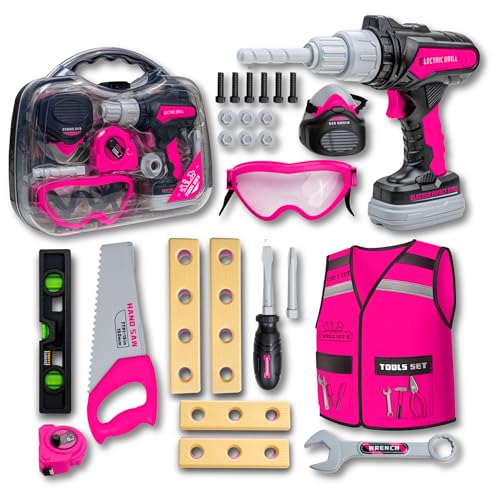 TOMLEON Kids Tool Set with Carrying Case Electronic Toy Drill with Bits  Construction Vest  Pretend Play Kit with Safety Googles Gas Shield Tape Measure Saw Bubble Level Screwdriver Nuts  Bolts - Image 1