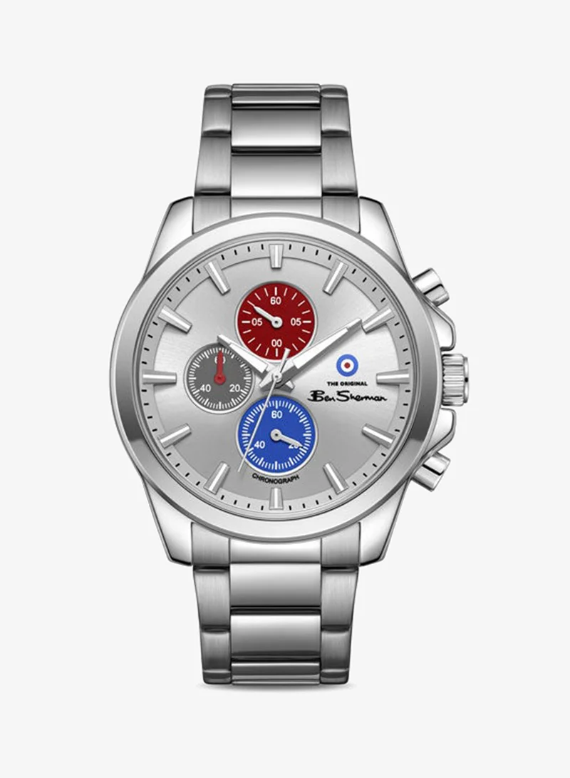 Ben Sherman Oxford Silver Dial Stainless Steel Bracelet Chronograph Watch for Men, 44mm