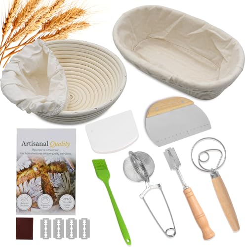 Yumatouch Bread Proofing Basket Set Round 9 Inch and Oval 10 Inch Banneton Bread Bowl Sourdough Bread Making Supplies Tools with Bread Lame Danish Whisk Bowl Scraper Sourdough Scraper Liners - Image 1