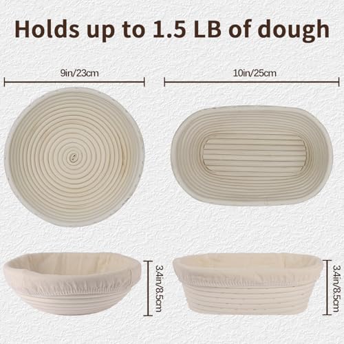 Yumatouch Bread Proofing Basket Set Round 9 Inch and Oval 10 Inch Banneton Bread Bowl Sourdough Bread Making Supplies Tools with Bread Lame Danish Whisk Bowl Scraper Sourdough Scraper Liners - Image 3