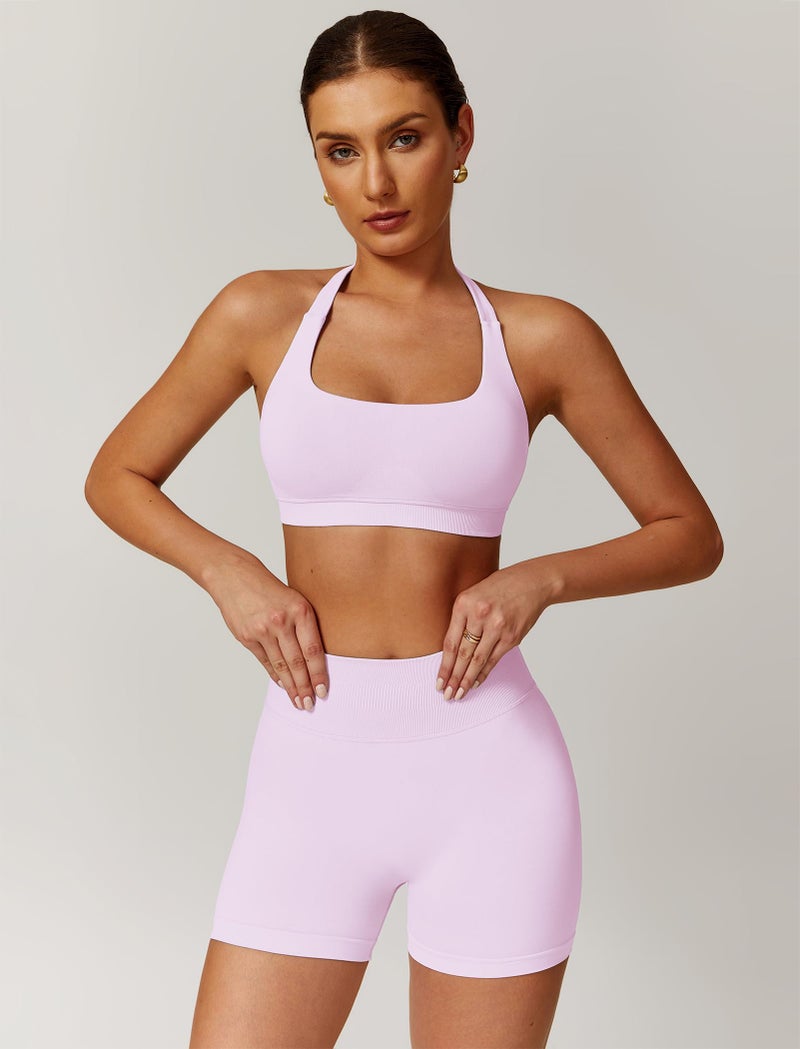 ABOCIW Workout Sets for Women 2 Piece Seamless Padded Halter Sports Bra High Waist Scrunch Butt Impact Shorts Yoga Gym Set Pink Small - Image 2