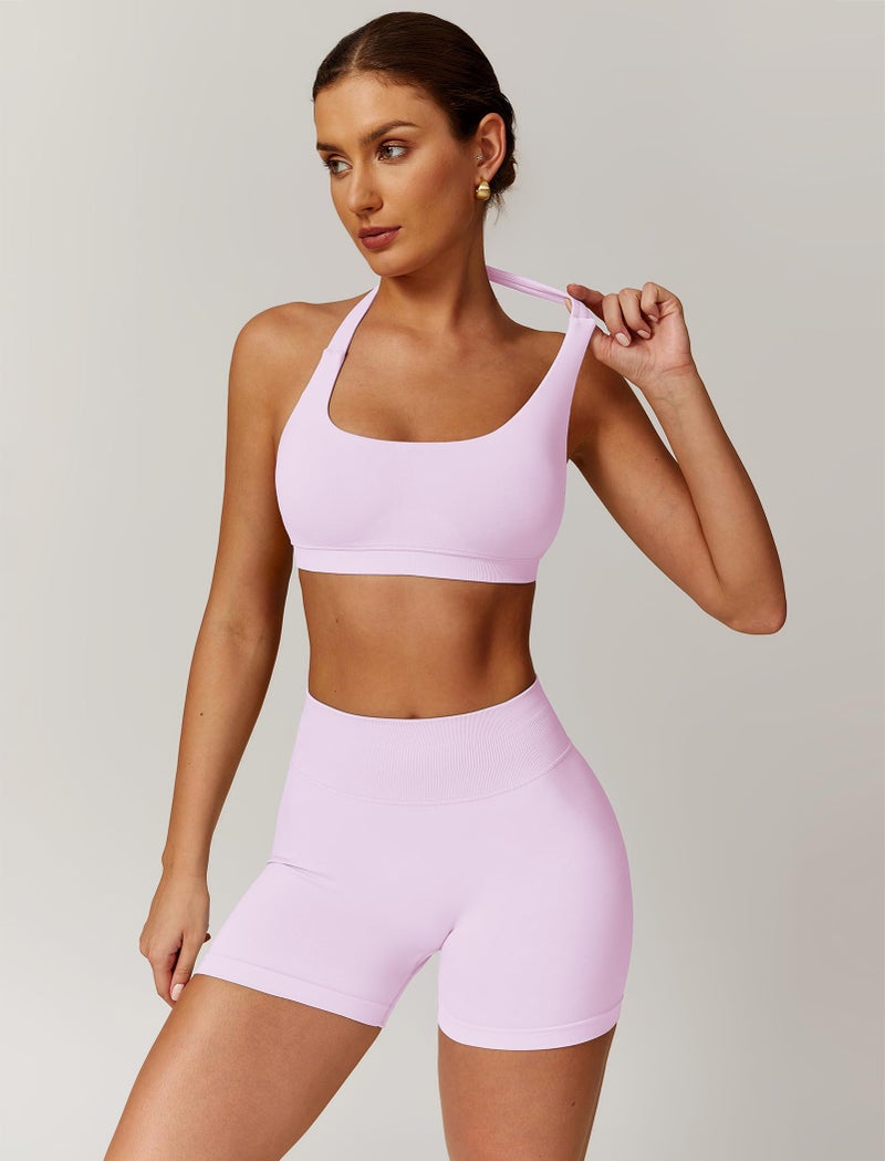 ABOCIW Workout Sets for Women 2 Piece Seamless Padded Halter Sports Bra High Waist Scrunch Butt Impact Shorts Yoga Gym Set Pink Small - Image 3
