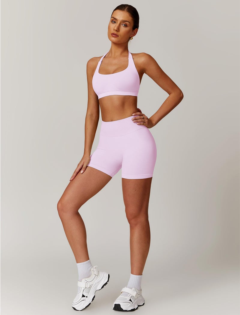 ABOCIW Workout Sets for Women 2 Piece Seamless Padded Halter Sports Bra High Waist Scrunch Butt Impact Shorts Yoga Gym Set Pink Small - Image 4