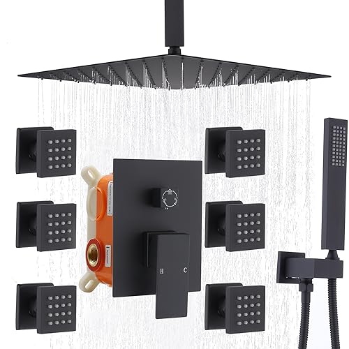 Enga Full Body Shower System with Body Jets, 12 Inch Powerful Rainfall Shower and Handheld Spray, Rough-in Mixer Valve Concealed Shower Faucet Set Complete, Matte Black - Image 1