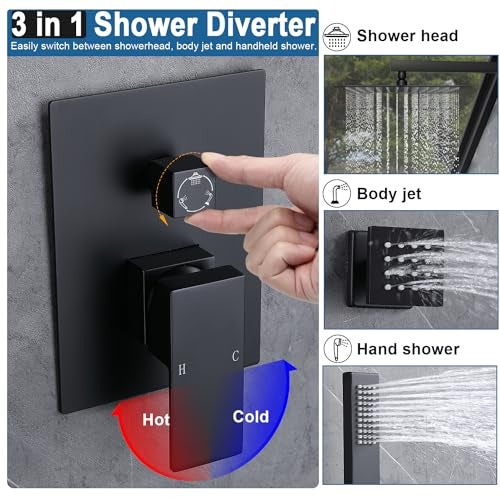 Enga Full Body Shower System with Body Jets, 12 Inch Powerful Rainfall Shower and Handheld Spray, Rough-in Mixer Valve Concealed Shower Faucet Set Complete, Matte Black - Image 2