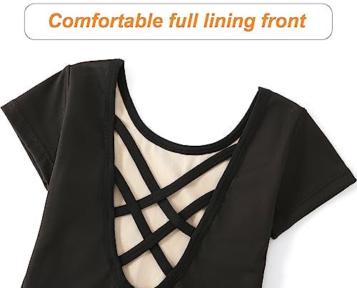 MdnMd Black Leotards for Girls Kids Dance Ballet Gymnastic Outfit Short Sleeve Leotard with Cross Back (Black, Age 6-7) - Image 5