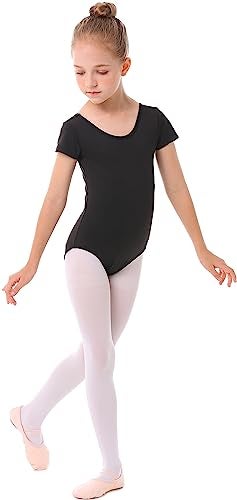 MdnMd Black Leotards for Girls Kids Dance Ballet Gymnastic Outfit Short Sleeve Leotard with Cross Back (Black, Age 6-7) - Image 4